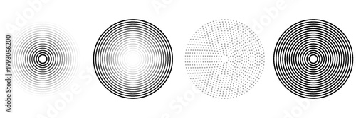 Black concentric circle set. Sonar or sound wave ring collection. Dotted and linear epicentre, target, radar icon concept. Ripple radial signal or vibration elements. Vector line and halftone symbols