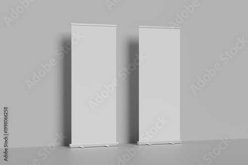reative vector illustration of empty roll up banners with paper canvas texture isolated on transparent background. Art design blank template mockup. Concept graphic promotional presentation element