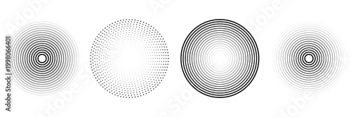 Black concentric circle set. Sonar or sound wave ring collection. Dotted and linear epicentre, target, radar icon concept. Ripple radial signal or vibration elements. Vector line and halftone symbols