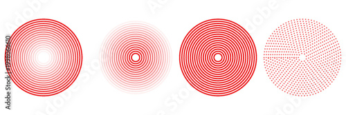 Red concentric ripple circles set. Sonar or sound wave rings collection. Epicentre, target, radar icon concept. Radial signal or vibration elements. Halftone vector illustration
