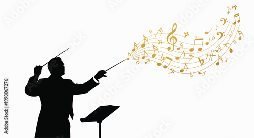 Silhouette of a conductor leading an orchestra with a baton, music notes flowing out, against a clean white background with a creative and musical mood.
