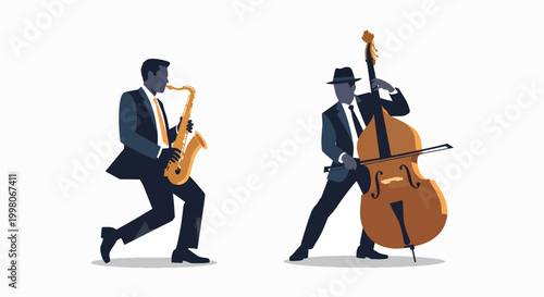 Illustration of two jazz musicians playing a saxophone and double bass in a stylized, graphic style against a clean white background.