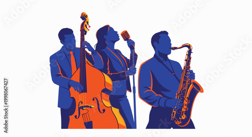 Silhouette of a jazz band performing with a saxophonist, guitarist, and singer in a colorful, graphic illustration against a white background.