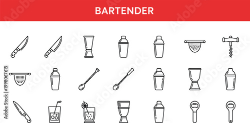 Bartender tool icon set featuring cocktail making equipment knives shakers strainers and bar accessories outline vector collection