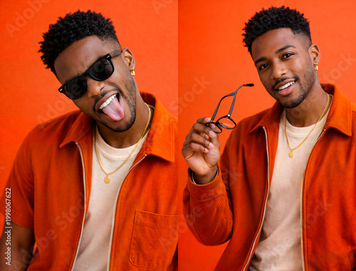 Playful and Smiling Portraits Against Orange Background