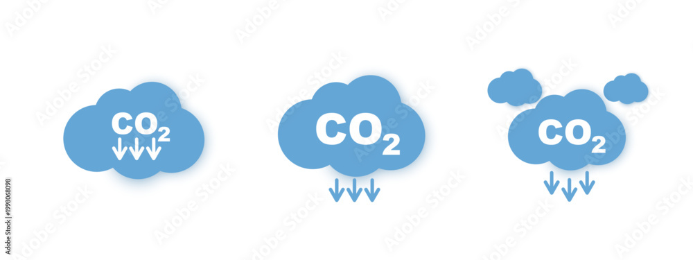 Obraz premium Blue cloud icons set with CO2 text and downward arrows representing carbon emission reduction, greenhouse gas decrease, environmental sustainability and climate change concept. Vector illustration.
