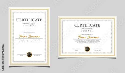 Premium certificate of achievement template design in both portrait and landscape orientation. Elegant classic diploma border, award recognition document with a black seal graphic. Vector.