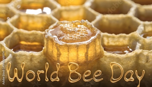 World Bee Day honeycomb texture macro hexagonal cells with honey