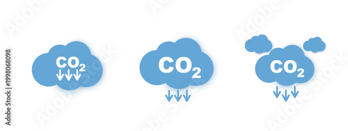 Blue cloud icons set with CO2 text and downward arrows representing carbon emission reduction, greenhouse gas decrease, environmental sustainability and climate change concept. Vector illustration.