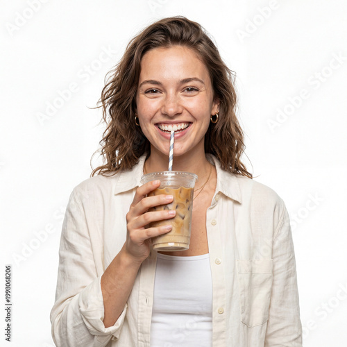 Woman Drinking Iced Beverage with Straw