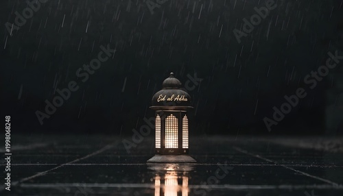 Eid Al Adha lantern glowing softly on reflective surface in dark minimalist setting