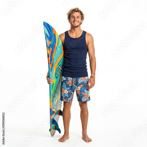 Surfer with Colorful Abstract Surfboard