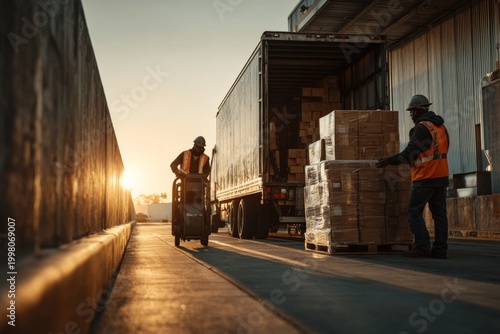 Loading and unloading cargo at warehouse dock at sunset industrial scene outdoor view logistics activity