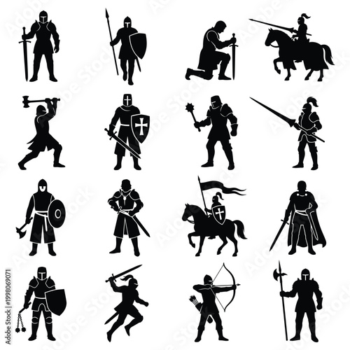 Medieval Knight Silhouette Vector Set - 16 Diverse Poses and Warrior Types