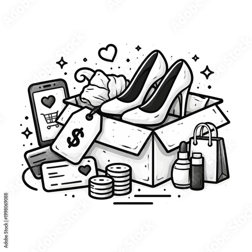 Online shopping concept with high heels, credit card, coins, shopping bag, and cosmetics. Exciting purchase or retail therapy, e-commerce illustration