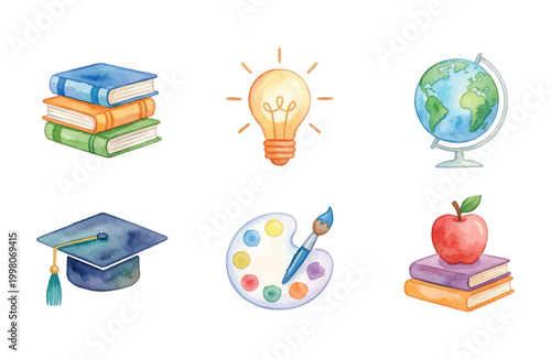 Watercolor Education Icon Set with School Supplies and Graduation Symbols