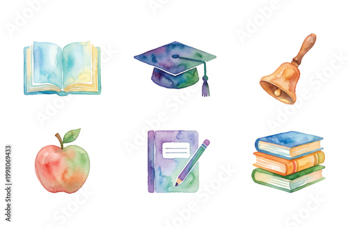 Watercolor Education Icons Set with Graduation Cap Books and Apple