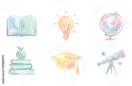 Watercolor education icons set on white background