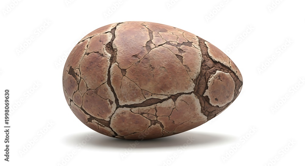 Obraz premium Close-up of a single brown egg with a heavily cracked and textured shell, isolated on a white background with a soft shadow.
