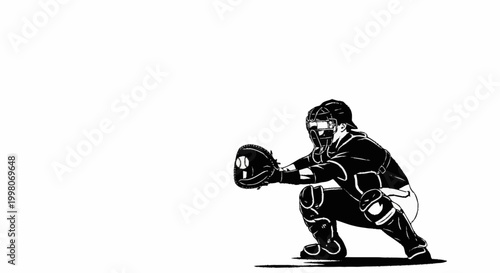 Black and white illustration of a baseball catcher in action