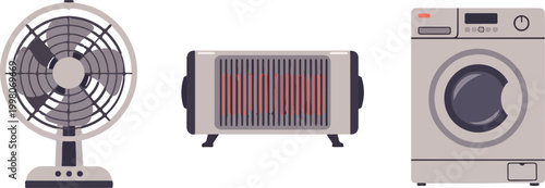 Modern home appliances vector set, electric cooling fan and space heater icons, front view of automatic washing machine, household electronics collection