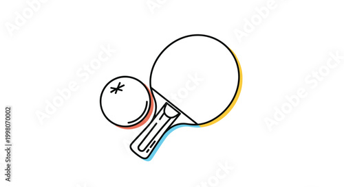 Table tennis racket and ball icon with simple color accents shown in a clean line art style for sports, hobbies, and leisure activity designs.
