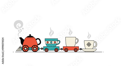 Creative teapot train illustration featuring colorful teacups and mugs as train cars with rising steam for whimsical tea party and toy concepts.
