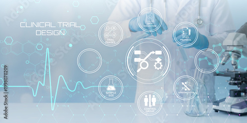 Obraz na płótnie Clinical trial design process with medical research icons and scientist working