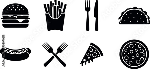 Fast food icons set burgers fries pizza tacos and hot dogs