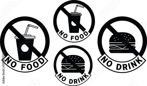 Prohibition signs no food or drink allowed clear visual warnings
