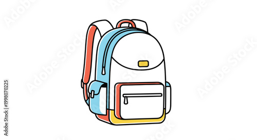 Bright and colorful school backpack with multiple pockets and adjustable straps shown in a clean vector illustration for back to school themes.