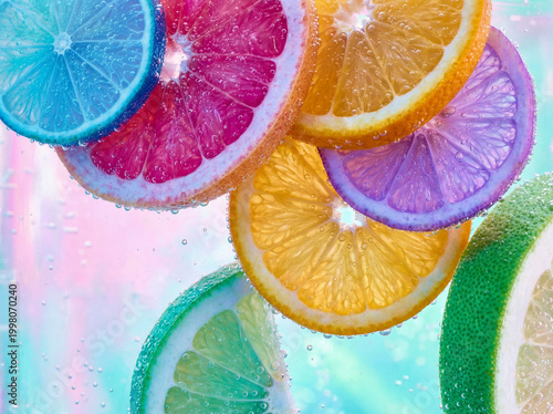 Colorful Citrus Slices with Water Droplets on Pastel Background