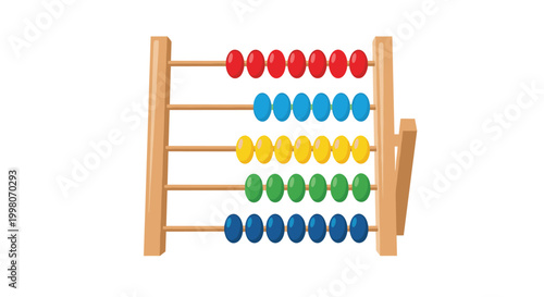 Colorful wooden abacus toy with rows of red, blue, yellow, green, and navy beads shown in a flat vector illustration for preschool math concepts.
