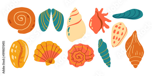 Seashell cartoon set. Collection of brightly colored hand-drawn seashells in a children's style