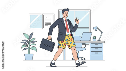 Businessman wearing a formal suit jacket with casual summer shorts and sandals while walking through a modern office.