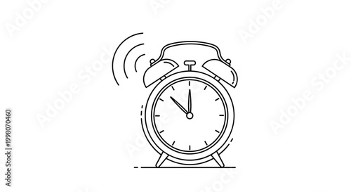 Traditional twin bell alarm clock ringing with sound waves shown in a clean black and white line art icon for time management and wake up themes.