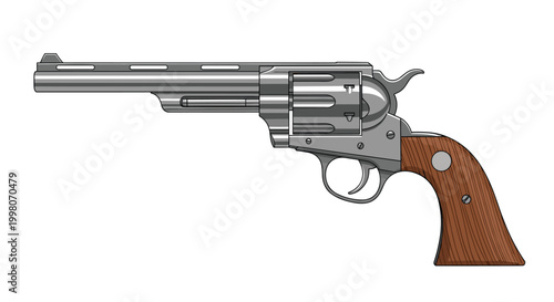 Classic metallic revolver handgun with a textured wooden grip shown in a detailed realistic vector illustration for historical and western themes.