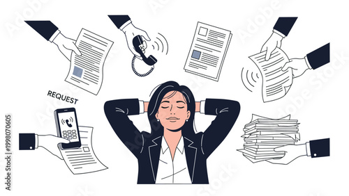 Stressed business woman staying calm and relaxed while being overwhelmed by numerous work tasks and daily requests.