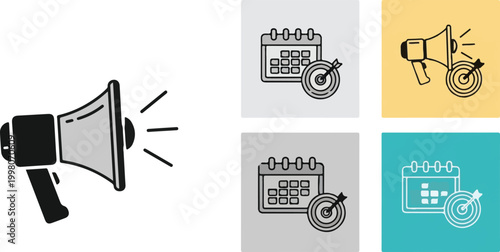 Marketing strategy icon set, megaphone and target bullseye vector elements, business planning calendar and promotion symbols for digital advertising