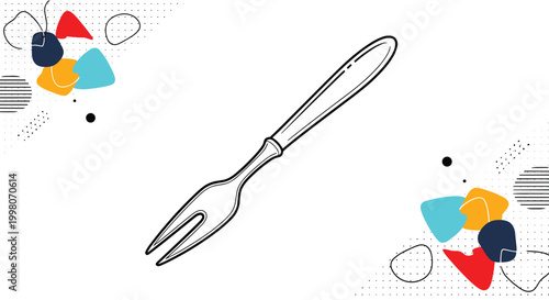 Black and white line drawing of a small two-pronged fork surrounded by colorful abstract geometric patterns on a clean white background.