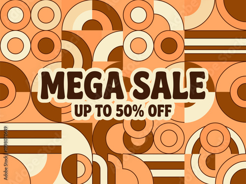 A vibrant orange sale poster displays colorful circles and a mega sale advertisement with up to fifty percent discount