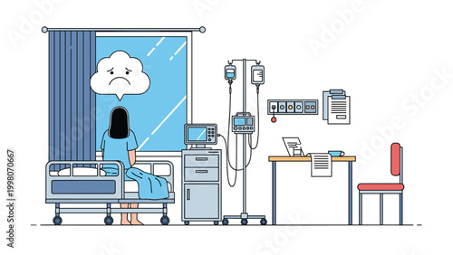 Lonely woman sitting on a hospital bed and looking out of the window while feeling very sad and deeply depressed.