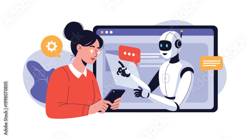 Innovative woman using her mobile phone to interact with an artificial intelligence robot displayed on a computer screen.