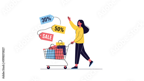 Enthusiastic woman pushing a full shopping cart and enjoying big discounts and sales during a productive shopping trip.
