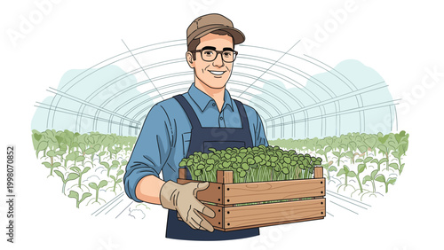 Smiling young male farmer wearing glasses and a cap holds a wooden crate full of fresh green sprouts inside a greenhouse.