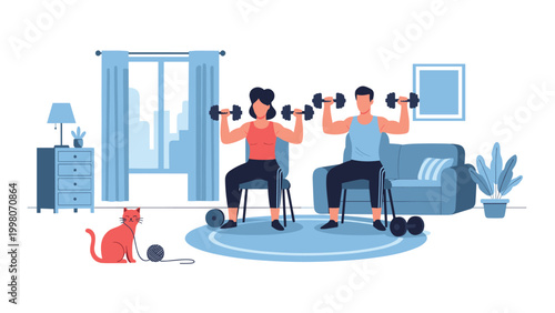 Man and woman perform seated dumbbell shoulder presses together in a living room during an at-home workout with their cat.
