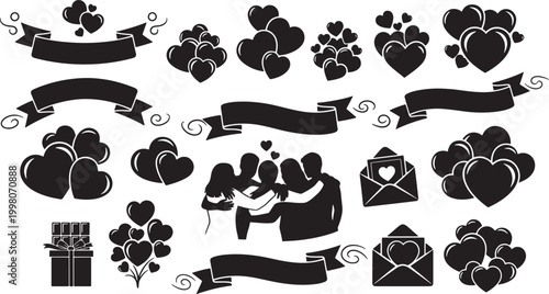 Collection of black silhouettes for love and romance themes, featuring hearts, ribbons, and couple illustrations, perfect for Valentine's Day designs.
