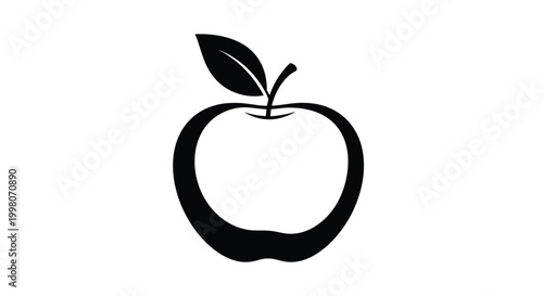 Simple and clean black silhouette of a fresh apple with a single leaf isolated on a white background for food and nutrition concepts.