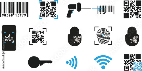 Digital identification and security icons set, QR code and barcode scanner symbols, biometric fingerprint and wireless signal vector elements