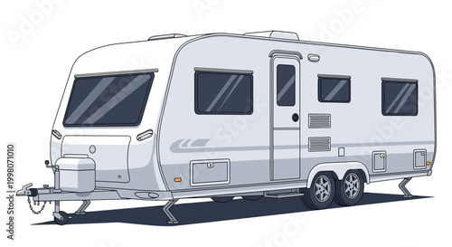 Modern large white travel caravan with windows and double wheels for camping and road trips isolated on a plain white background.